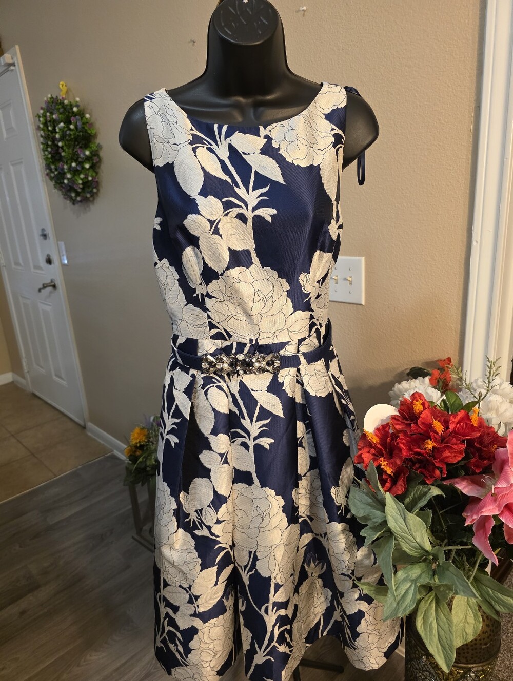 Eliza J Navy and Ivory Floral Fit-and-Flare Dress with Beaded Waist